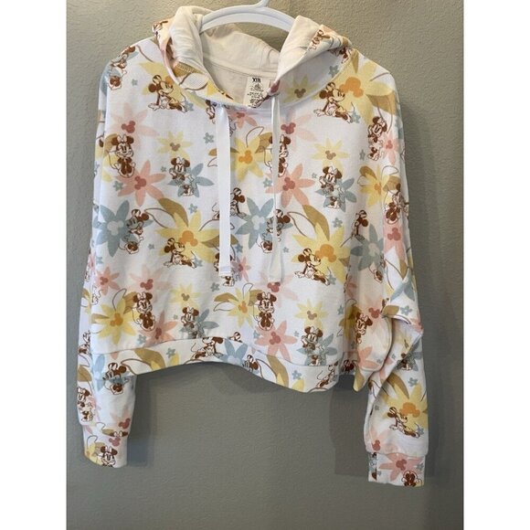 Disney Hawaiian Floral Minnie Mouse Cropped Hoodie Sweatshirt LARGE Crop top - Picture 1 of 6